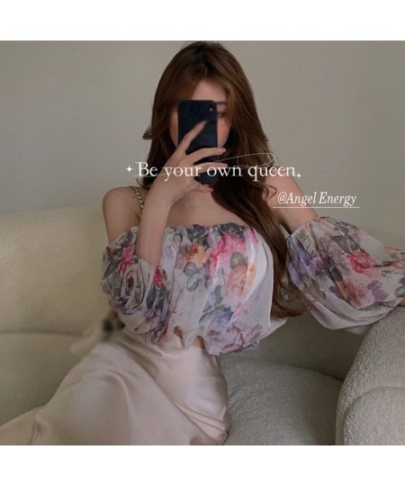 Chiffon Blouse Women Summer Retro Small Fresh Off Shoulder Puff Sleeve Broken Flower Dew Short Shirt Tops Sweet $21.26 - Wome...