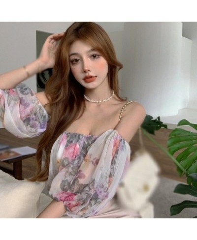 Chiffon Blouse Women Summer Retro Small Fresh Off Shoulder Puff Sleeve Broken Flower Dew Short Shirt Tops Sweet $21.26 - Wome...