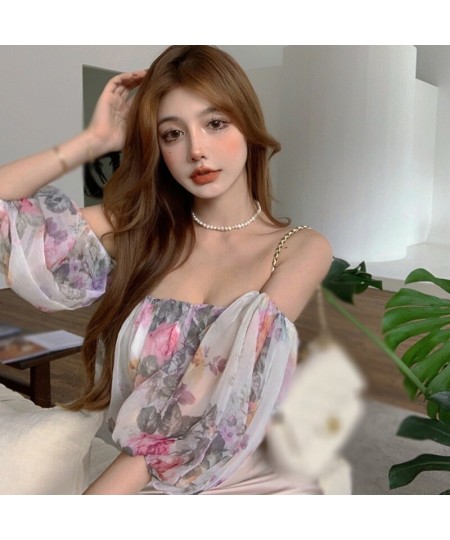 Chiffon Blouse Women Summer Retro Small Fresh Off Shoulder Puff Sleeve Broken Flower Dew Short Shirt Tops Sweet $21.26 - Wome...