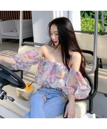 Chiffon Blouse Women Summer Retro Small Fresh Off Shoulder Puff Sleeve Broken Flower Dew Short Shirt Tops Sweet $21.26 - Wome...