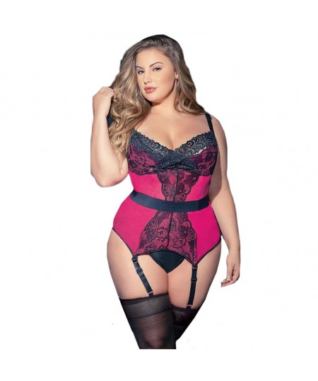 Fashion Women Plus Size Lace Mesh Bra Corest Embroidered Thong Sexy Lingerie Set Underwear With Garter Teddy Sleepwear 3-5XLg...