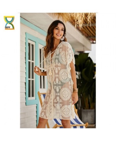 2022 Crochet White Knitted Beach Cover Up Dress Tunic Long Pareos Bikinis Swimwear Sexy Lace Beachwear $25.17 - Swimsuit