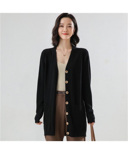 2021Lady wool Sweater Fashion medium long Cashmere Cardigan Women loose sweater for female outerwear coat with pockets H036 $...