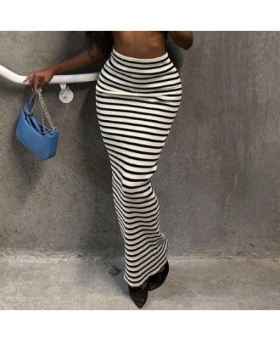 Women Fashion White Black Striped Bodycon Midi Maxi Long Skirt 2023 Streetwear INS Summer Classic Pencil Skirts $32.54 - Skirts