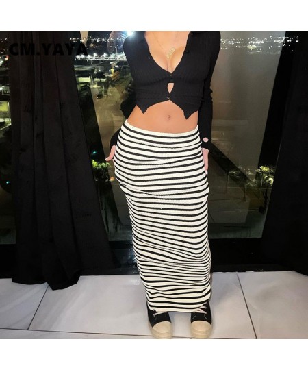 Women Fashion White Black Striped Bodycon Midi Maxi Long Skirt 2023 Streetwear INS Summer Classic Pencil Skirts $32.54 - Skirts