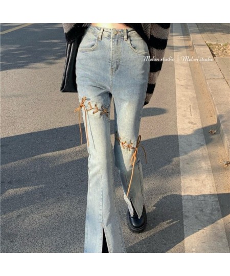 Korean Retro Hollow Lace-Up Split Casual Jeans Women 2022 Autumn and Winter New Streetwear Sexy Slim Fit All-match Flared Pan...