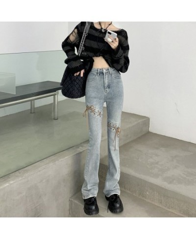 Korean Retro Hollow Lace-Up Split Casual Jeans Women 2022 Autumn and Winter New Streetwear Sexy Slim Fit All-match Flared Pan...