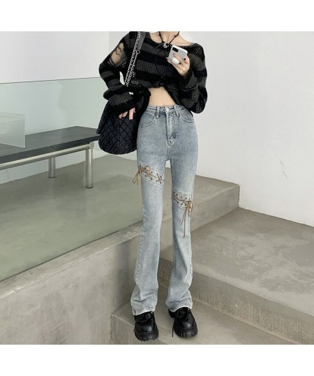 Korean Retro Hollow Lace-Up Split Casual Jeans Women 2022 Autumn and Winter New Streetwear Sexy Slim Fit All-match Flared Pan...