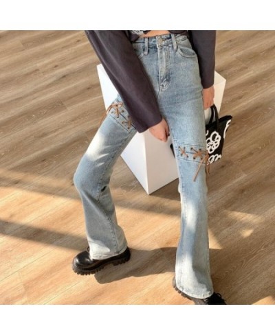 Korean Retro Hollow Lace-Up Split Casual Jeans Women 2022 Autumn and Winter New Streetwear Sexy Slim Fit All-match Flared Pan...