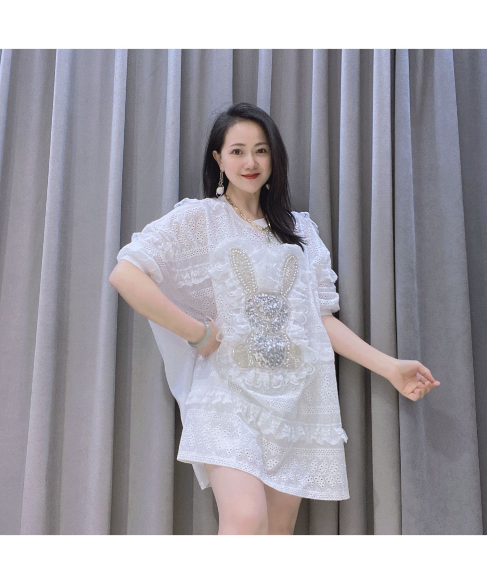 Elegant White Beading Half Sleeve Dress Big Size TShirt Dress O-Neck Pregant Summer Dresses $63.73 - Dresses