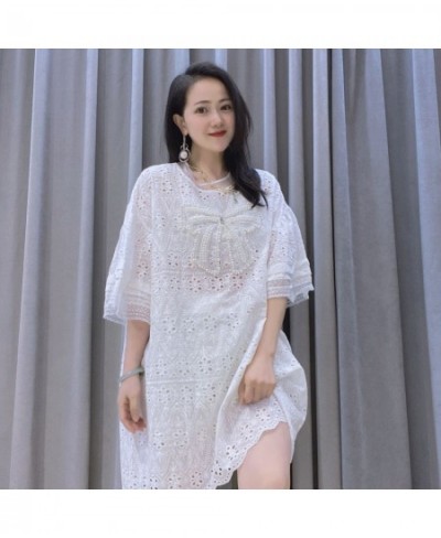 Elegant White Beading Half Sleeve Dress Big Size TShirt Dress O-Neck Pregant Summer Dresses $63.73 - Dresses