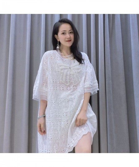 Elegant White Beading Half Sleeve Dress Big Size TShirt Dress O-Neck Pregant Summer Dresses $63.73 - Dresses