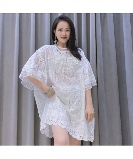 Elegant White Beading Half Sleeve Dress Big Size TShirt Dress O-Neck Pregant Summer Dresses $63.73 - Dresses