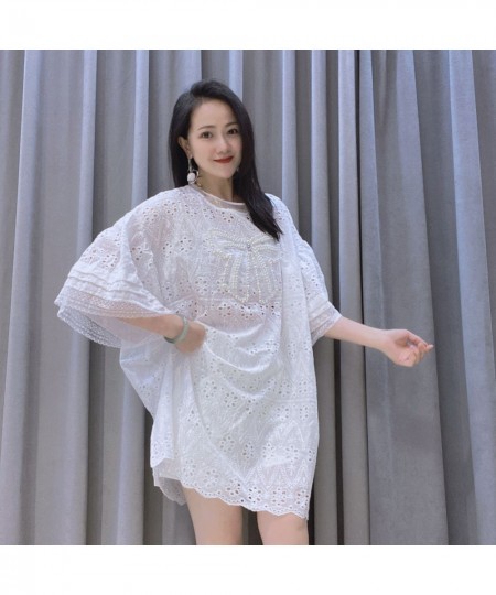 Elegant White Beading Half Sleeve Dress Big Size TShirt Dress O-Neck Pregant Summer Dresses $63.73 - Dresses