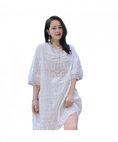 Elegant White Beading Half Sleeve Dress Big Size TShirt Dress O-Neck Pregant Summer Dresses $63.73 - Dresses