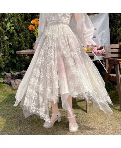 Lolita Kawaii Women Lace Floral Skirt High Waist A Line Irregular Hem Mesh Faldas Sweet Female Fairy Japanese Spring Jupes 20...