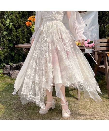 Lolita Kawaii Women Lace Floral Skirt High Waist A Line Irregular Hem Mesh Faldas Sweet Female Fairy Japanese Spring Jupes 20...