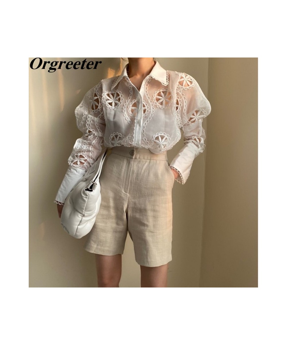 Sexy Perspective White Organza Shirt Women Summer New High quality Lace Embroidery Hollow Long Sleeve Shirt&Blouse Female $41...