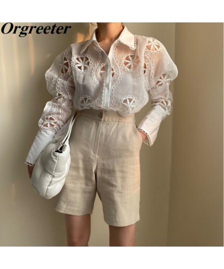 Sexy Perspective White Organza Shirt Women Summer New High quality Lace Embroidery Hollow Long Sleeve Shirt&Blouse Female $41...