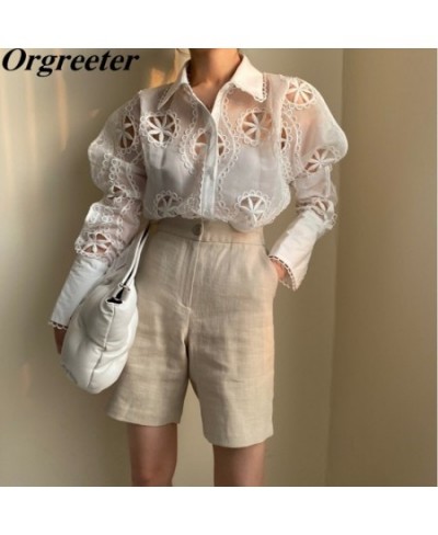 Sexy Perspective White Organza Shirt Women Summer New High quality Lace Embroidery Hollow Long Sleeve Shirt&Blouse Female $41...