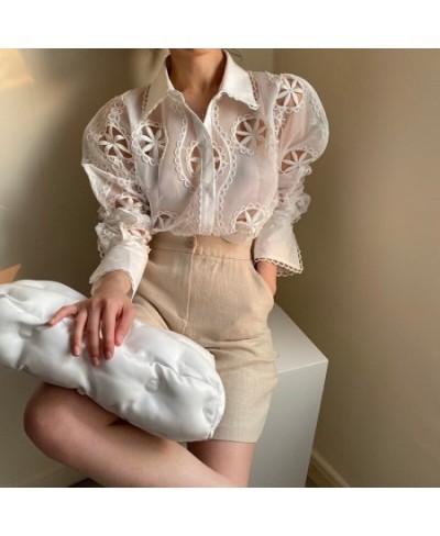 Sexy Perspective White Organza Shirt Women Summer New High quality Lace Embroidery Hollow Long Sleeve Shirt&Blouse Female $41...