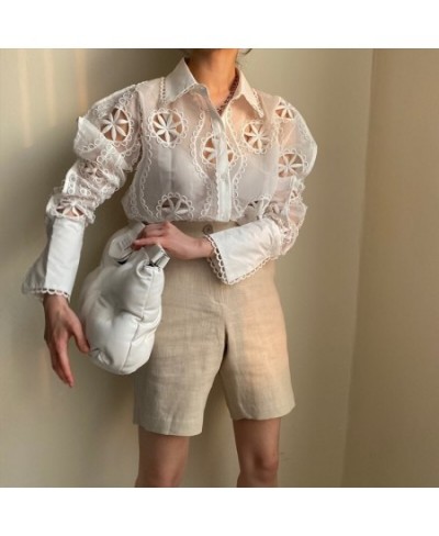 Sexy Perspective White Organza Shirt Women Summer New High quality Lace Embroidery Hollow Long Sleeve Shirt&Blouse Female $41...