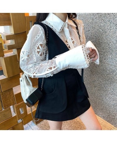 Sexy Perspective White Organza Shirt Women Summer New High quality Lace Embroidery Hollow Long Sleeve Shirt&Blouse Female $41...