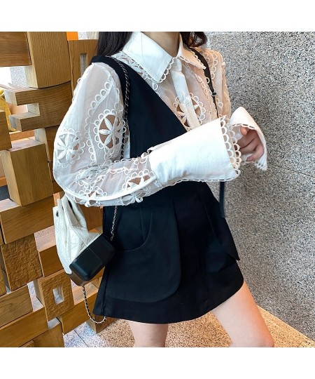 Sexy Perspective White Organza Shirt Women Summer New High quality Lace Embroidery Hollow Long Sleeve Shirt&Blouse Female $41...