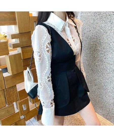 Sexy Perspective White Organza Shirt Women Summer New High quality Lace Embroidery Hollow Long Sleeve Shirt&Blouse Female $41...