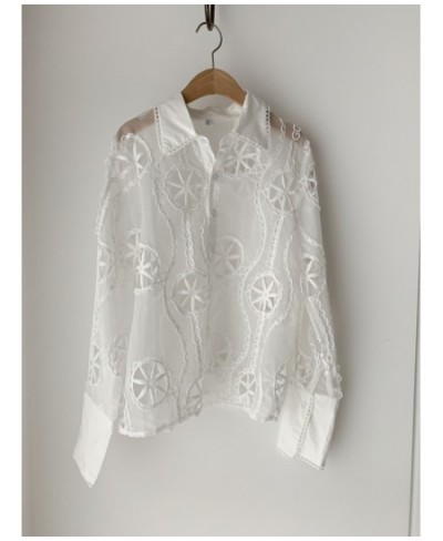 Sexy Perspective White Organza Shirt Women Summer New High quality Lace Embroidery Hollow Long Sleeve Shirt&Blouse Female $41...