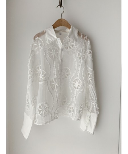 Sexy Perspective White Organza Shirt Women Summer New High quality Lace Embroidery Hollow Long Sleeve Shirt&Blouse Female $41...