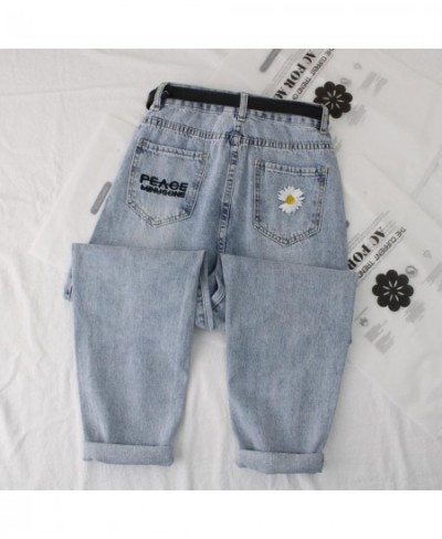 Daisy Embroidery Denim Jean Women High Waist Soild Jeans Denim Harem Trousers Mujer Vintage Casual Jeans Straight Women Pant ...