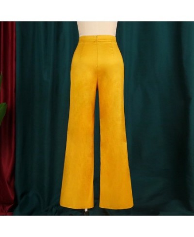 Shiny Pants for Women High Waist Wide Leg Trousers with Elastic Yellow Spring Autumn Elegant Fashion Casual Office Business $...