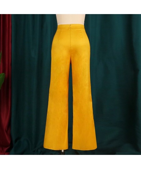 Shiny Pants for Women High Waist Wide Leg Trousers with Elastic Yellow Spring Autumn Elegant Fashion Casual Office Business $...