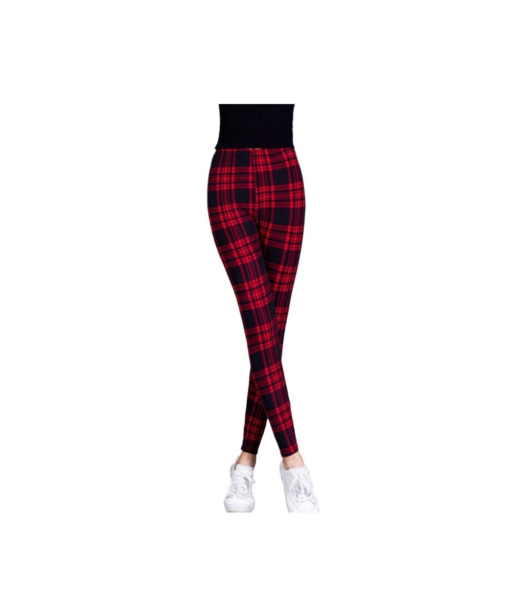 Women Grid Print Plaid Leggings Female Fitness Leggins Lady Slim Pencil Pants Push Up High Elastic Waist Sexy Trousers Red $2...