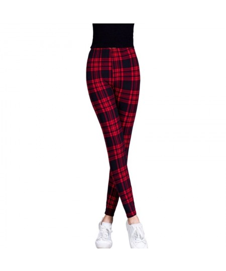 Women Grid Print Plaid Leggings Female Fitness Leggins Lady Slim Pencil Pants Push Up High Elastic Waist Sexy Trousers Red $2...