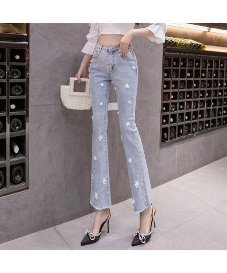 Autumn Thin High Waist Embroidered Flower Nail Horn Nine Part Jeans Ladies 2022 New Pants $45.15 - Jeans