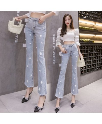 Autumn Thin High Waist Embroidered Flower Nail Horn Nine Part Jeans Ladies 2022 New Pants $45.15 - Jeans