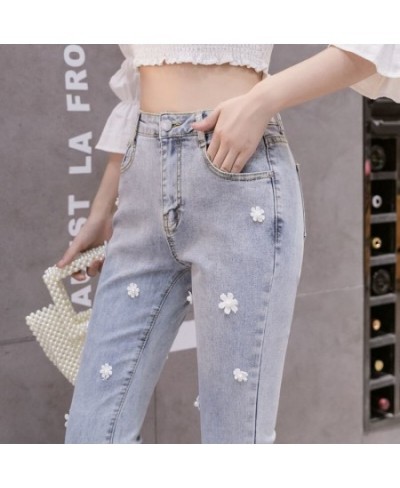 Autumn Thin High Waist Embroidered Flower Nail Horn Nine Part Jeans Ladies 2022 New Pants $45.15 - Jeans