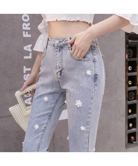 Autumn Thin High Waist Embroidered Flower Nail Horn Nine Part Jeans Ladies 2022 New Pants $45.15 - Jeans