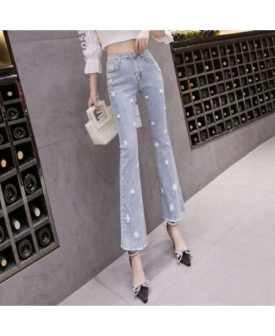 Autumn Thin High Waist Embroidered Flower Nail Horn Nine Part Jeans Ladies 2022 New Pants $45.15 - Jeans