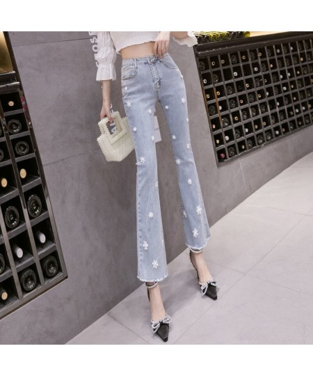 Autumn Thin High Waist Embroidered Flower Nail Horn Nine Part Jeans Ladies 2022 New Pants $45.15 - Jeans