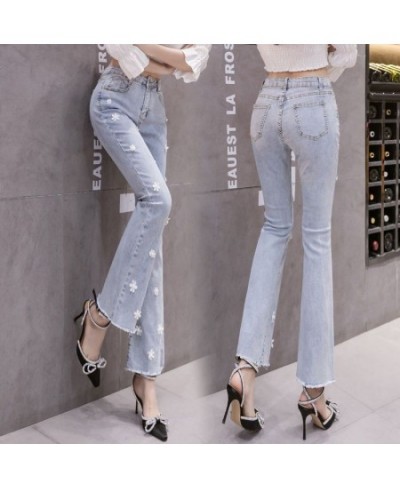 Autumn Thin High Waist Embroidered Flower Nail Horn Nine Part Jeans Ladies 2022 New Pants $45.15 - Jeans