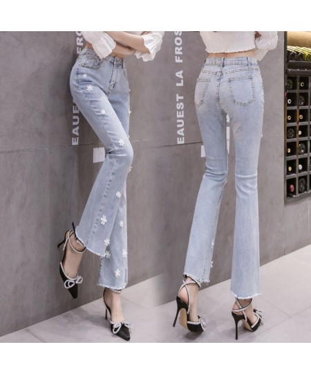 Autumn Thin High Waist Embroidered Flower Nail Horn Nine Part Jeans Ladies 2022 New Pants $45.15 - Jeans