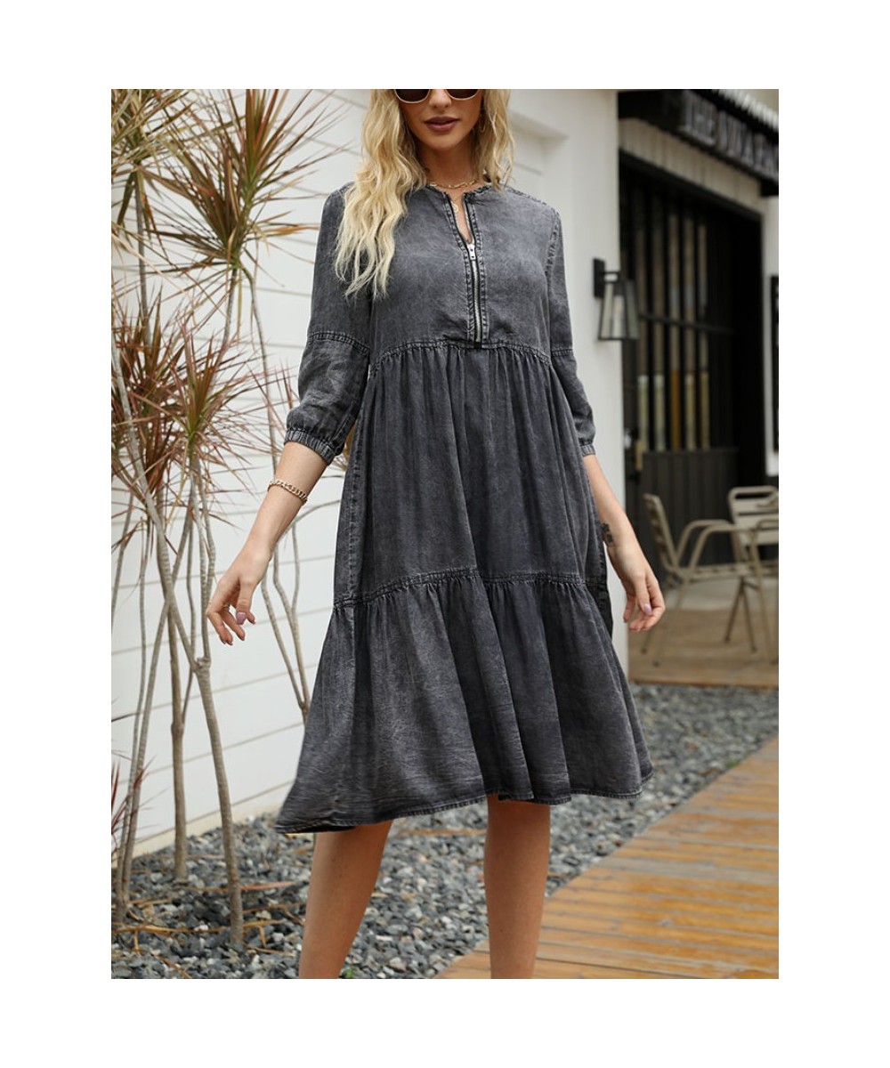 Women's Dress Spring Summer Imitation Denim Vintage Formal Dresses Female Fashion Casual Knee-Length O-Neck Clothes for Women...