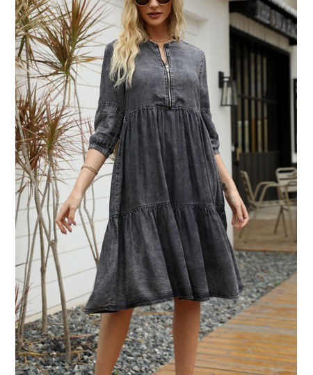 Women's Dress Spring Summer Imitation Denim Vintage Formal Dresses Female Fashion Casual Knee-Length O-Neck Clothes for Women...