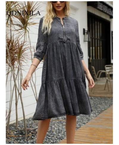 Women's Dress Spring Summer Imitation Denim Vintage Formal Dresses Female Fashion Casual Knee-Length O-Neck Clothes for Women...