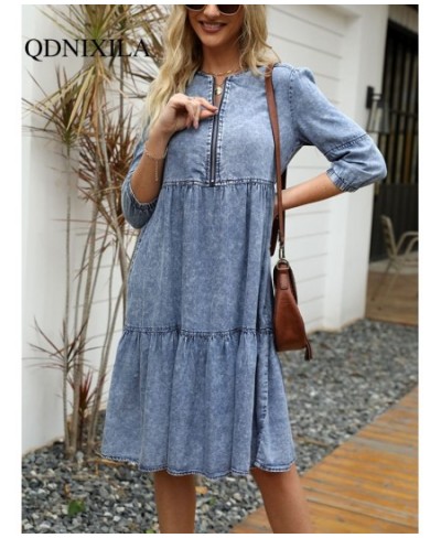 Women's Dress Spring Summer Imitation Denim Vintage Formal Dresses Female Fashion Casual Knee-Length O-Neck Clothes for Women...