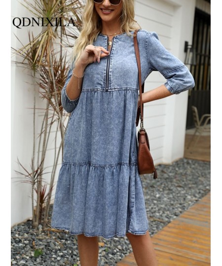 Women's Dress Spring Summer Imitation Denim Vintage Formal Dresses Female Fashion Casual Knee-Length O-Neck Clothes for Women...