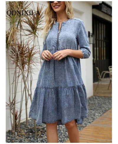 Women's Dress Spring Summer Imitation Denim Vintage Formal Dresses Female Fashion Casual Knee-Length O-Neck Clothes for Women...